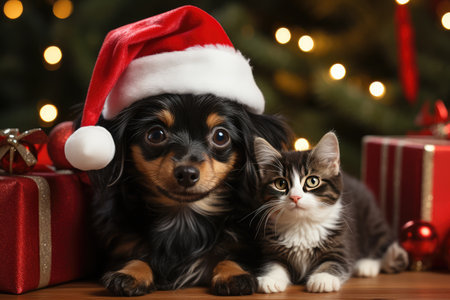 A puppy in a Santa hat and a kitten against the background of a Christmas tree and gifts, card.の素材