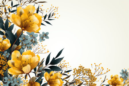 Watercolor yellow and blue flowers in the corner of a white background, floral card for March 8.の素材