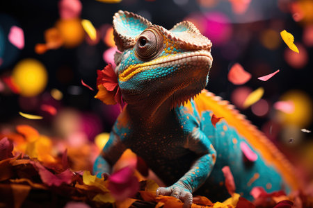 Chameleon on a background of colorful flowers close-up, advertising banner for a holiday agency.の素材