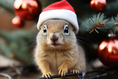 A squirrel in a Santa hat against the background of a Christmas tree. New Year card.の素材