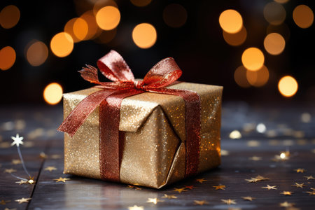 Golden shiny gift box with a bow on a dark background with lights. Christmas card, holiday banner.の素材