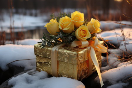 Golden gift box with yellow roses on the snow. Christmas card, New Year banner.の素材