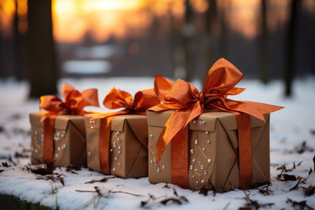 Three gift boxes on the snow in the park. Christmas banner, New Year card.の素材