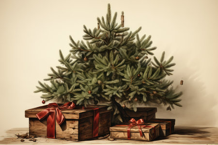 Christmas tree with gifts on a light background in retro style. New Year card, grunge.の素材