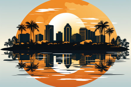 Miami in line art style, palm trees and skyscrapers, sun, cityscape. Travel postcard, print.の素材