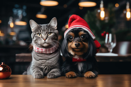 Yorkshire terrier in a hat and a cat in a scarf in a bar with a Christmas atmosphere, postcard.の素材