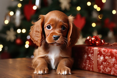 Red spaniel puppy with Christmas gifts and a Christmas tree. New Year holiday cardの素材