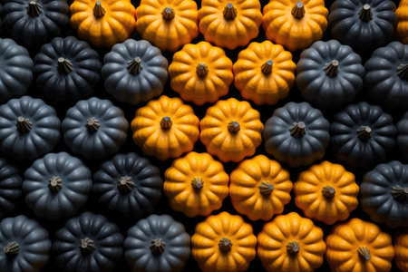 Background of black and orange pumpkins, top view. Thanksgiving and Harvest Festival.の素材