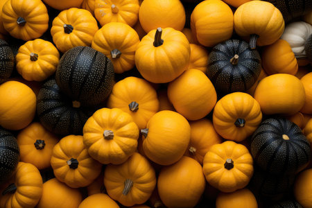 Background of black and orange pumpkins, top view. Thanksgiving and Harvest Festival.の素材
