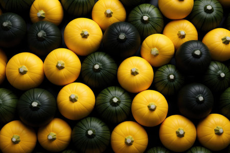 Background of black and orange pumpkins, top view. Thanksgiving and Harvest Festival.の素材