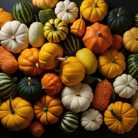 Background of pumpkins of different colors and shapes. Thanksgiving and Harvest Festival.の素材