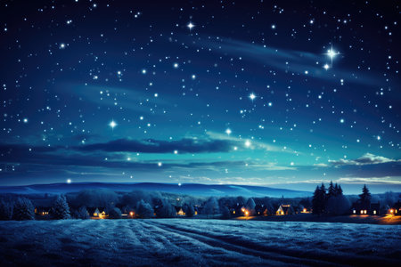 Winter night landscape. Snowy field, starry sky, village houses and forest. Christmas card.の素材
