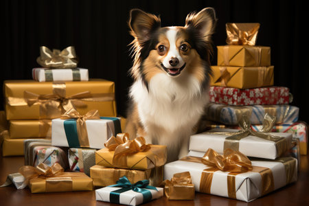 Collie puppy sits against the background of boxes with gifts. Advent calendar with pet, postcard.の素材