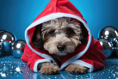 Dog in a Santa suit with Christmas balls on a blue background. Advent calendar, holiday card.の素材