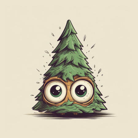 Christmas tree with big eyes in cartoon style on a white background. Children's New Year banner.の素材
