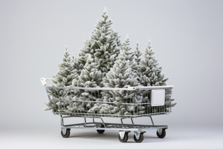 Shopping cart with Christmas trees on a white background. New Year advertising banner, poster.の素材