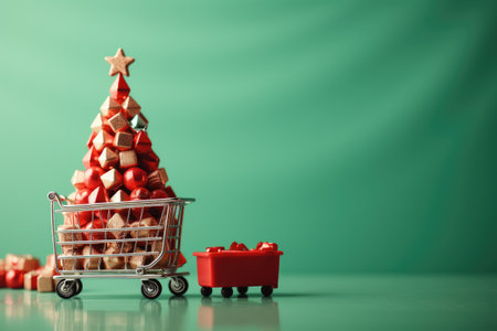Shopping cart with a decorative Christmas tree on a green background. New Year advertising banner.の素材
