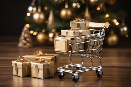 Shopping card with gifts on the background of a Christmas tree. New Year advertising banner.の素材