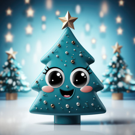 A cartoon Christmas tree with a smile stands on the ice against a background of golden stars.の素材