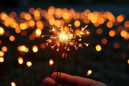 In the hand there is a burning sparkler against the background of the night sky. Holiday banner.の素材
