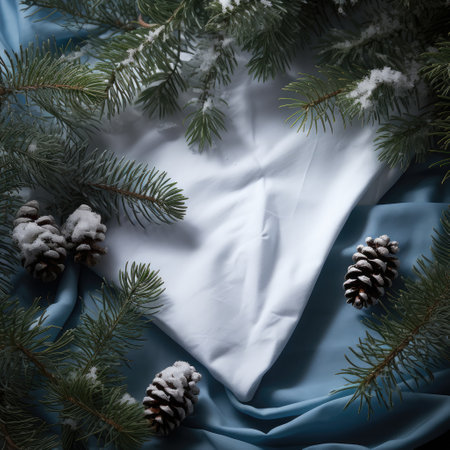White cloth napkin, tablecloth among fir branches and snow. Christmas advertising banner, postcard.の素材