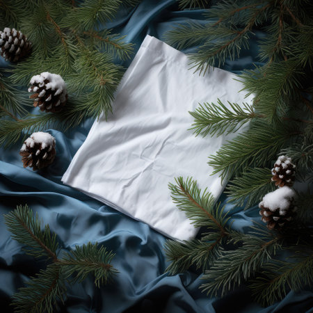 White cloth napkin, tablecloth among fir branches and snow. Christmas advertising banner, postcard.の素材