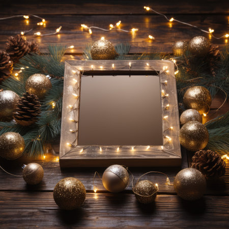 The frame lies on a wooden floor with fir branches, balls and glowing lanterns.Christmas background.の素材