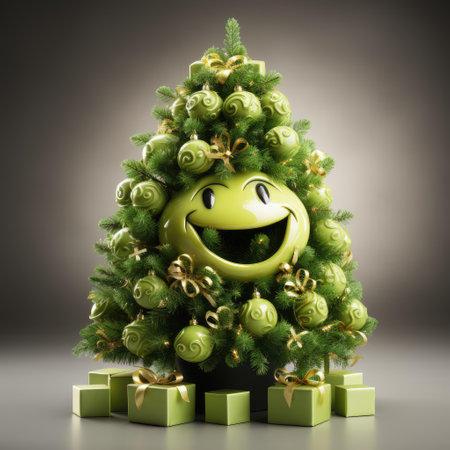 Cartoon smiling Christmas tree with gifts. New Year's invitation to a children's party.の素材