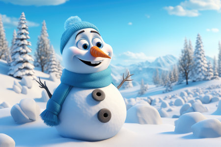 Cartoon snowman in a winter forest in the mountains. Christmas children's banner, New Year card.の素材