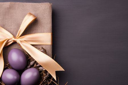 Chocolate Easter eggs with gift box on wooden background. Holiday banner, postcard.の素材