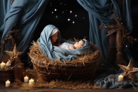 Mary bent over the Christ child in a lullaby. Christmas night, banner, card.の素材