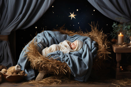 Baby Jesus Christ lies in a lullaby with straw against the backdrop of the starry night sky.の素材