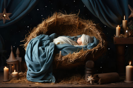 Baby Jesus Christ lies in a lullaby with straw against the backdrop of the starry night sky.の素材