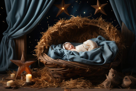 Baby Jesus Christ lies in a lullaby with straw against the backdrop of the starry night sky.の素材