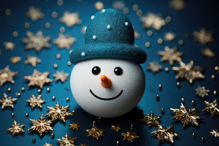 Snowman head on a blue background with golden snowflakes. New Year banner, Christmas card.の素材