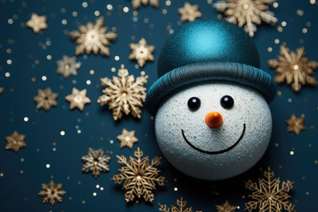 Snowman head on a blue background with golden snowflakes. New Year banner, Christmas card.の素材