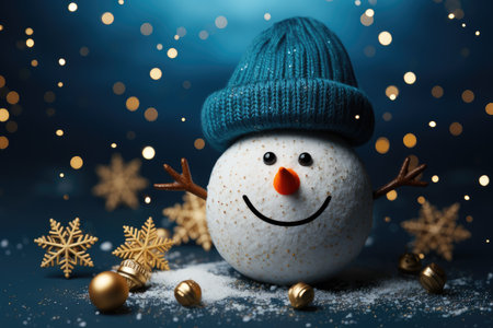 Snowman head on a blue background with golden snowflakes. New Year banner, Christmas card.の素材