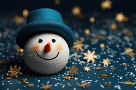 Snowman head on a blue background with golden snowflakes. New Year banner, Christmas card.の素材