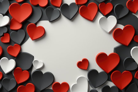 Red and black hearts on a white background in the shape of a frame. Valentine's Day card.の素材