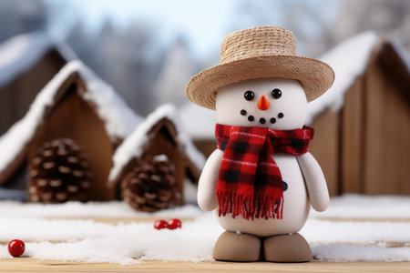 A toy snowman against a background of pine cones. New Year winter banner, postcardの素材