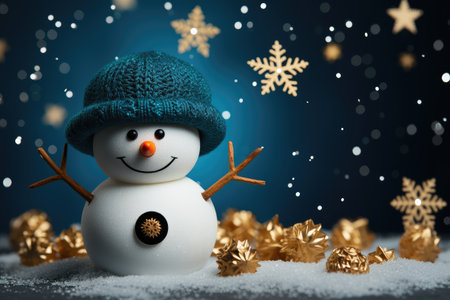 Toy snowman on a blue background with snow and Christmas balls. New Year banner, postcardの素材