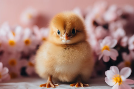 Cute chicken on a background of sakura flowers. Easter card, holiday calendar.の素材