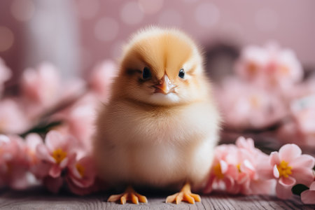Cute chicken on a background of sakura flowers. Easter card, holiday calendar.の素材