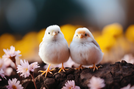 Two chickens in a field against a background of meadow spring flowers. Easter card, calendar.の素材