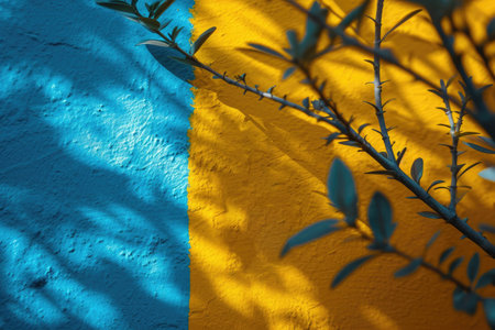 Yellow-blue sunny background with foliage. Banner, card, poster.の素材