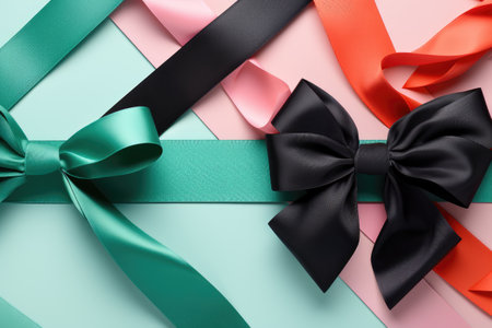 Multi-colored ribbon bows on a green light background. Holiday banner, card.の素材