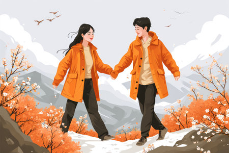 Japanese couple in love walks in the snowy mountains among the sakura, flat style.の素材