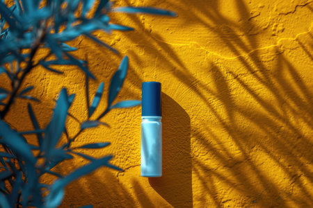 Cosmetic bottle on the background of a bright sunny wall and tropical leaves, banner for cosmetics.の素材