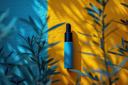 Cosmetic bottle on the background of a bright sunny wall and tropical leaves, banner for cosmetics.の素材