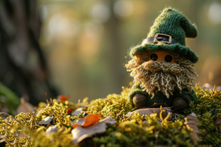 A toy leprechaun in a green hat sits on moss in the forest. St. Patrick's Day card.の素材